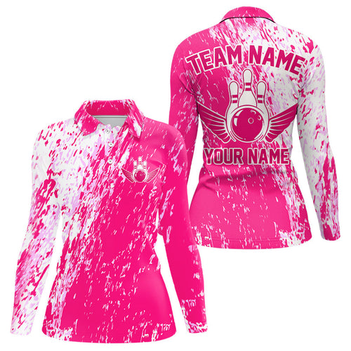 Custom Pink Bowling Long Sleeve Women Polo Shirt, Bowling Jerseys Bowling Pins With Wings IPHW4999