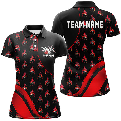 Custom Red Flame Bowling Shirts For Women, Personalized Team Bowling Shirts IPHW6958