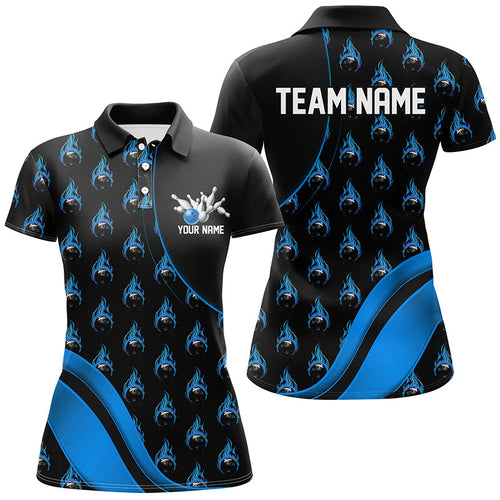 Custom Blue Flame Bowling Shirts For Women, Personalized Team Bowling Shirts IPHW6959