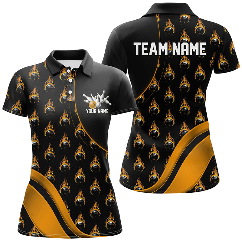 Custom Gold Flame Bowling Shirts For Women, Personalized Team Bowling Shirts IPHW6960