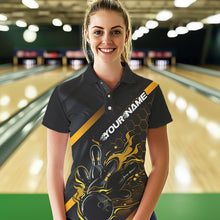 Load image into Gallery viewer, Custom Black And Gold Flame Bowling Shirts For Women, Bowling Team Bowling League Shirts IPHW7505