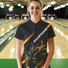 Load image into Gallery viewer, Custom Black And Gold Flame Bowling Shirts For Women, Bowling Team Bowling League Shirts IPHW7505