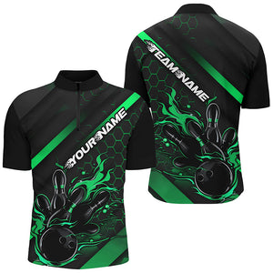 Custom Black And Green Flame Bowling Shirts For Men, Bowling Team Bowling League Shirts IPHW7506