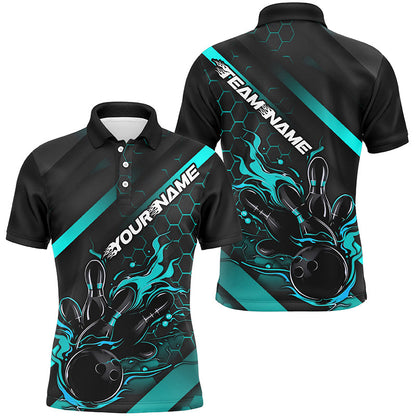 Custom Black And Blue Flame Bowling Shirts For Men, Bowling Team Bowling League Shirts IPHW7507