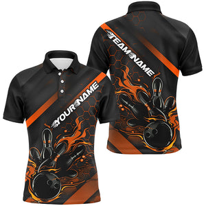 Custom Black And Orange Flame Bowling Shirts For Men, Bowling Team Bowling League Shirts IPHW7508