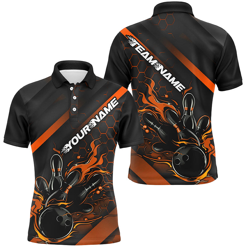 Custom Black And Orange Flame Bowling Shirts For Men, Bowling Team Bowling League Shirts IPHW7508