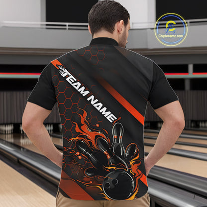 Custom Black And Orange Flame Bowling Shirts For Men, Bowling Team Bowling League Shirts IPHW7508