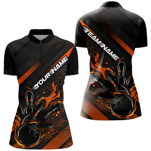 Custom Black And Orange Flame Bowling Shirts For Women, Bowling Team Bowling League Shirts IPHW7508