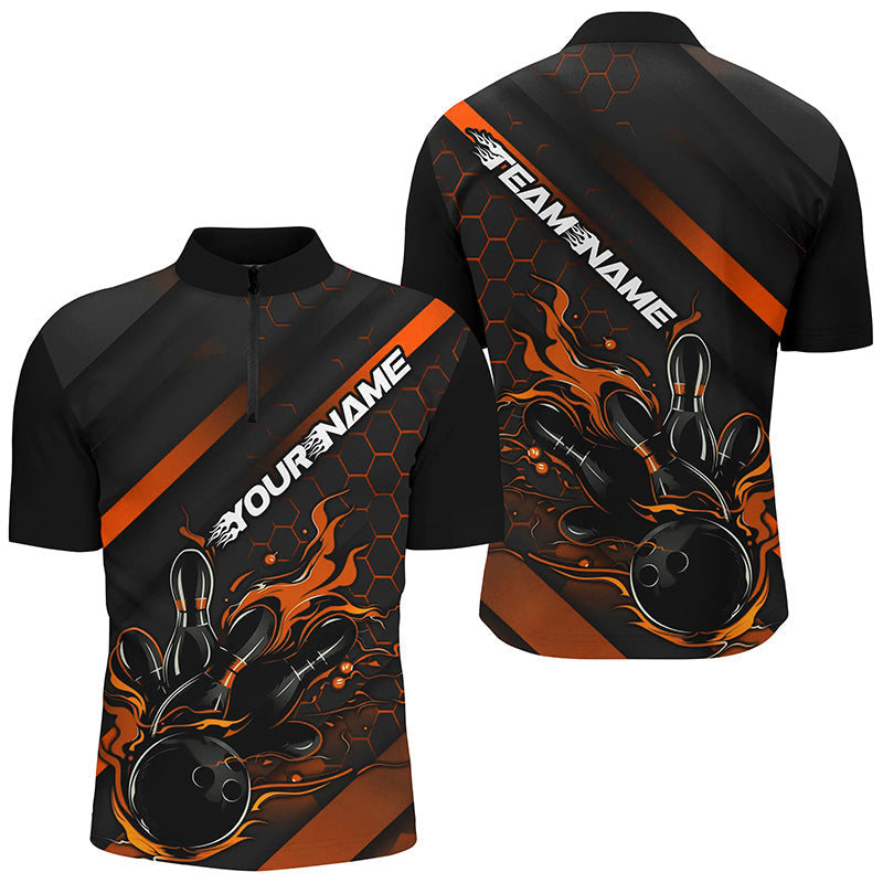 Custom Black And Orange Flame Bowling Shirts For Men, Bowling Team Bowling League Shirts IPHW7508