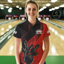 Load image into Gallery viewer, Custom Black And Red Flame Bowling Polo Shirt For Women, Bowling Team League Shirt IPHW9872