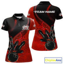 Load image into Gallery viewer, Custom Black And Red Flame Bowling Polo Shirt For Women, Bowling Team League Shirt IPHW9872