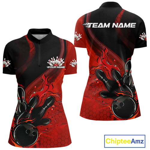 Custom Black And Red Flame Bowling Quarter-Zip Shirt For Women, Bowling Team League Shirt IPHW9872