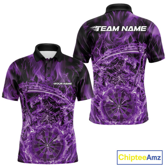 Custom Black And Purple Flame Grim Reaper Dart Team Men Polo Shirts, Halloween Otufit IPHW10039