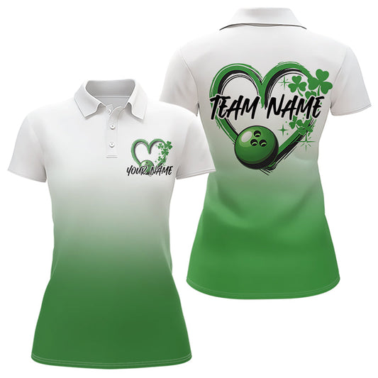 Custom Heart St Patricks Day Bowling Polo Shirts For Women, Lucky Shamprock Bowling Shirt IPHW8601