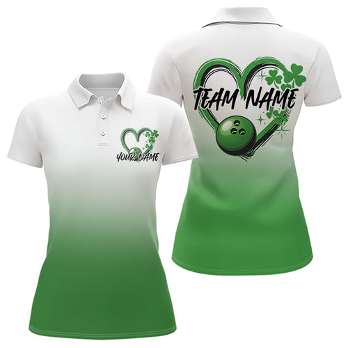 Custom Heart St Patricks Day Bowling Polo Shirts For Women, Lucky Shamprock Bowling Shirt IPHW8601