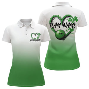 Custom Heart St Patricks Day Bowling Polo Shirts For Women, Lucky Shamprock Bowling Shirt IPHW8601