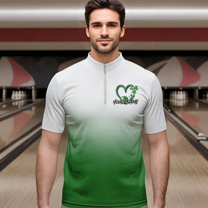 Custom Heart St Patricks Day Bowling Quarter-Zip Shirts For Men, Lucky Shamprock Bowling Team Shirt IPHW8601