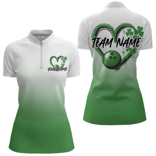 Custom Heart St Patricks Day Bowling Quarter-Zip Shirts For Women, Lucky Bowling Shirt IPHW8601
