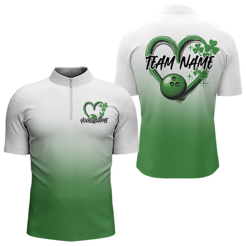 Custom Heart St Patricks Day Bowling Quarter-Zip Shirts For Men, Lucky Shamprock Bowling Team Shirt IPHW8601