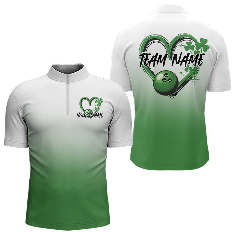 Custom Heart St Patricks Day Bowling Quarter-Zip Shirts For Men, Lucky Shamprock Bowling Team Shirt IPHW8601