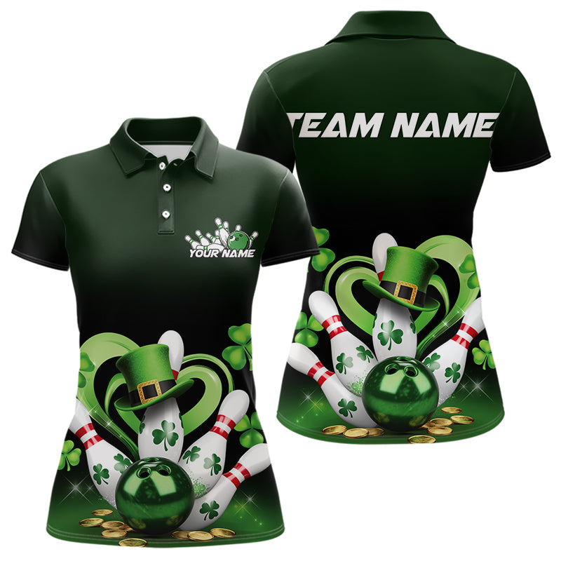 Custom Lucky St Patricks Bowling Womens Polo Shirts, Saint Paddys Shamprock Bowling Outfits IPHW8602