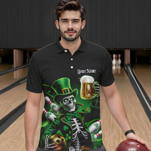 Custom Funny St Patricks Day Leprechaun Skull With Beer Bowling Team Polo Shirts Team Outfit IPHW8603