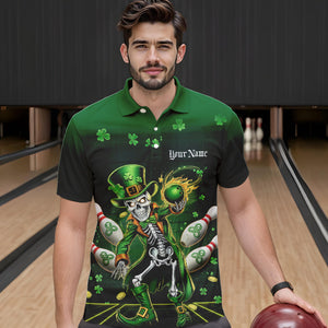 Custom St Patricks Day Leprechaun Skull Bowling Team Polo Shirts, Bowling Tournament Outfits IPHW8604