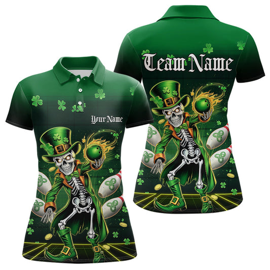 Custom St Patricks Day Leprechaun Skull Bowling Team Polo Shirt, Bowling Tournament Outfits IPHW8604