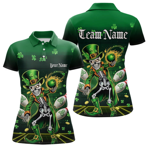 Custom St Patricks Day Leprechaun Skull Bowling Team Polo Shirt, Bowling Tournament Outfits IPHW8604