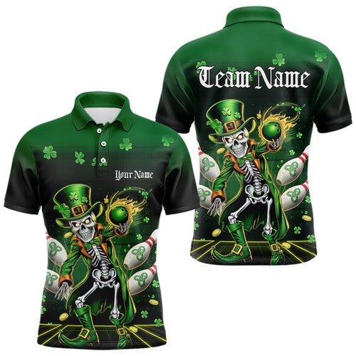 Custom St Patricks Day Leprechaun Skull Bowling Team Polo Shirts, Bowling Tournament Outfits IPHW8604