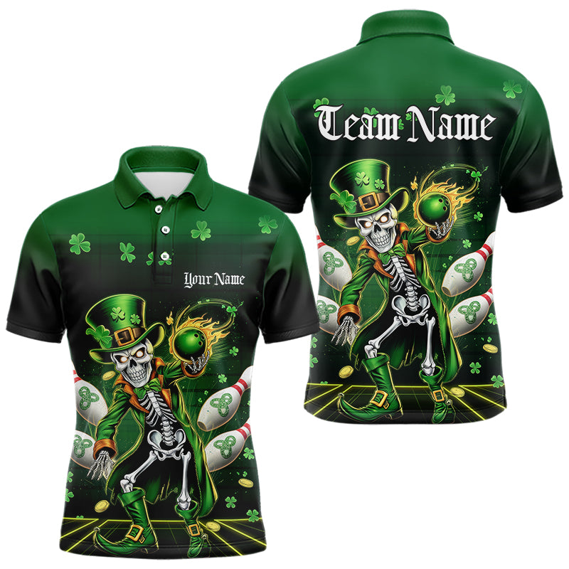 Custom St Patricks Day Leprechaun Skull Bowling Team Polo Shirts, Bowling Tournament Outfits IPHW8604