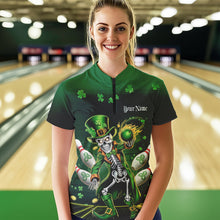 Load image into Gallery viewer, Custom St Patricks Day Leprechaun Skull Bowling Team Quarter-Zip Shirts, Bowling Outfits IPHW8604