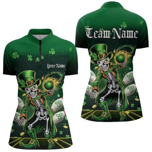 Custom St Patricks Day Leprechaun Skull Bowling Team Quarter-Zip Shirts, Bowling Outfits IPHW8604