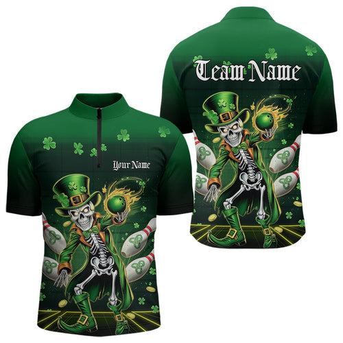 Custom St Patricks Day Leprechaun Skull Bowling Team Quarter-Zip Shirts, Bowling Tournament Outfits IPHW8604