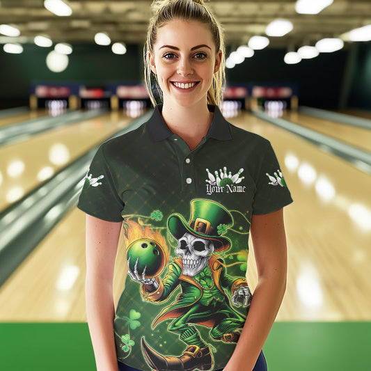 Custom Funny St Patricks Day Leprechaun Skull Bowling Team Polo Shirts, Tournament Outfits IPHW8605