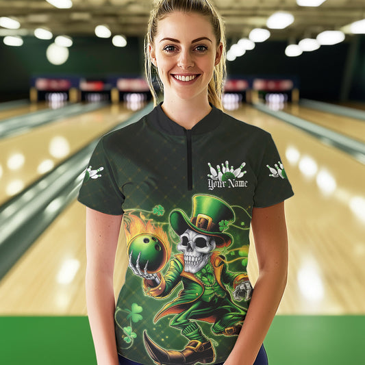 Custom Funny St Patricks Day Leprechaun Skull Bowling Team Quarter-Zip Shirts IPHW8605