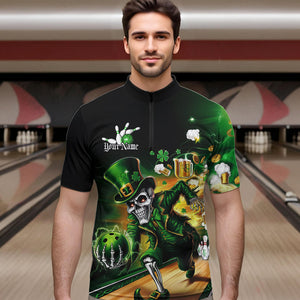 Custom Funny St Patricks Day Leprechaun Skull With Beer Bowling Team Quarter-Zip Shirts Team Outfit IPHW8606