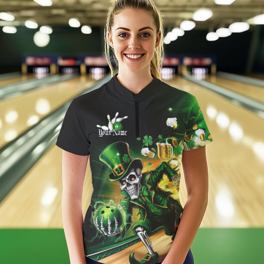 Custom Funny St Patricks Day Leprechaun Skull With Beer Bowling Team Quarter-Zip Shirts IPHW8606