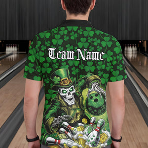 Custom Funny Saint Patricks Day Skull And Beer Bowling Polo Shirt For Men, Lucky Team Shirt IPHW8607