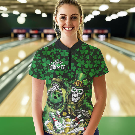 Custom Funny Saint Patricks Day Skull And Beer Bowling Team Quarter-Zip Shirt For WomenIPHW8607