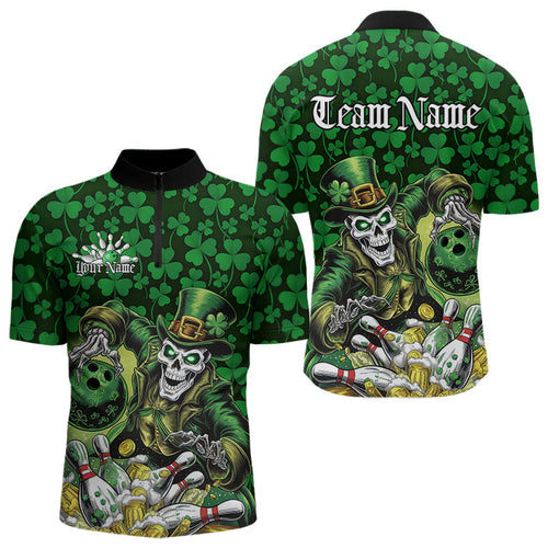 Custom Funny Saint Patricks Day Skull And Beer Bowling Quarter-Zip Shirt For Men, Lucky Team Shirt IPHW8607