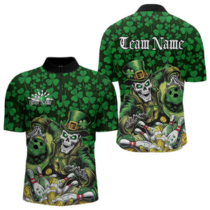 Custom Funny Saint Patricks Day Skull And Beer Bowling Quarter-Zip Shirt For Men, Lucky Team Shirt IPHW8607