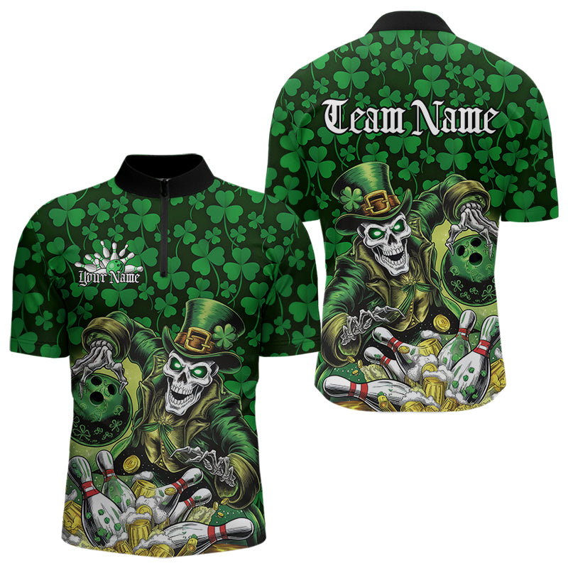 Custom Funny Saint Patricks Day Skull And Beer Bowling Quarter-Zip Shirt For Men, Lucky Team Shirt IPHW8607