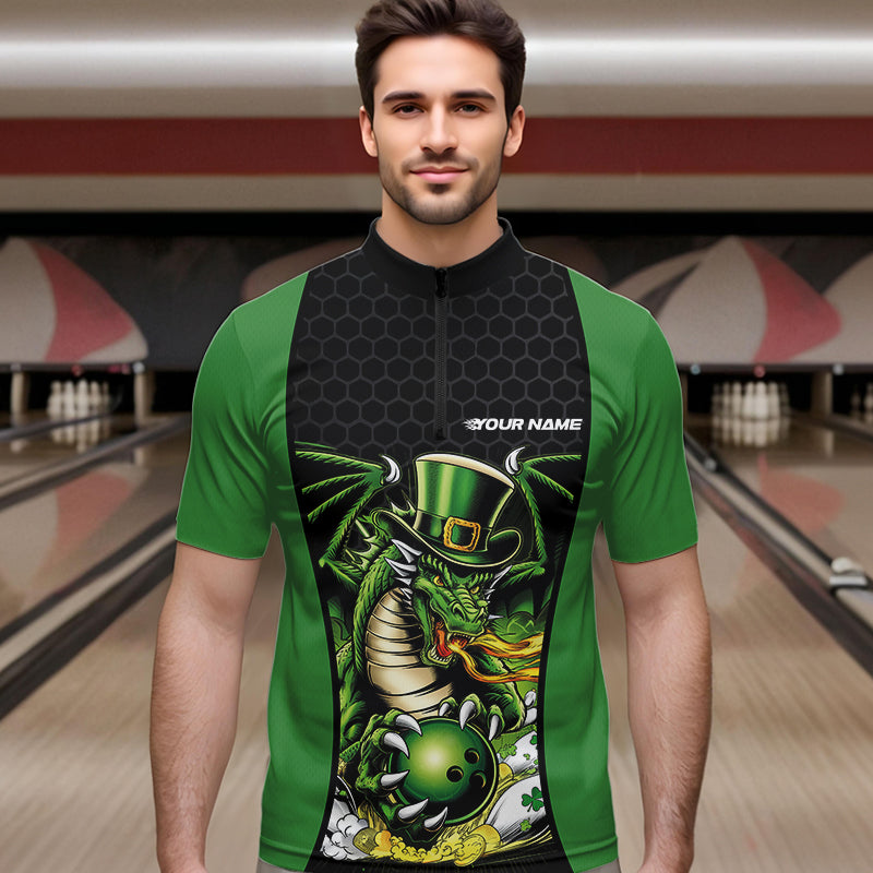 Custom Black And Green St Patricks Dragon Bowling Quarter-Zip Shirts For Men, Lucky Dragon Bowling IPHW8608