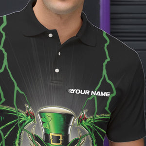 Custom Black And Green St Patricks Dragon Bowling Polo Shirts For Men, Lucky Dragon Bowling IPHW8609