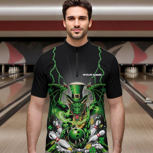 Custom Black And Green St Patricks Dragon Bowling Quarter-Zip Shirts For Men, Lucky Dragon Bowling IPHW8609