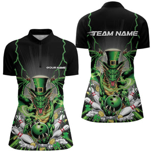 Custom Green St Patricks Dragon Bowling Womens Quarter-Zip Shirts, Lucky Dragon Bowling IPHW8609