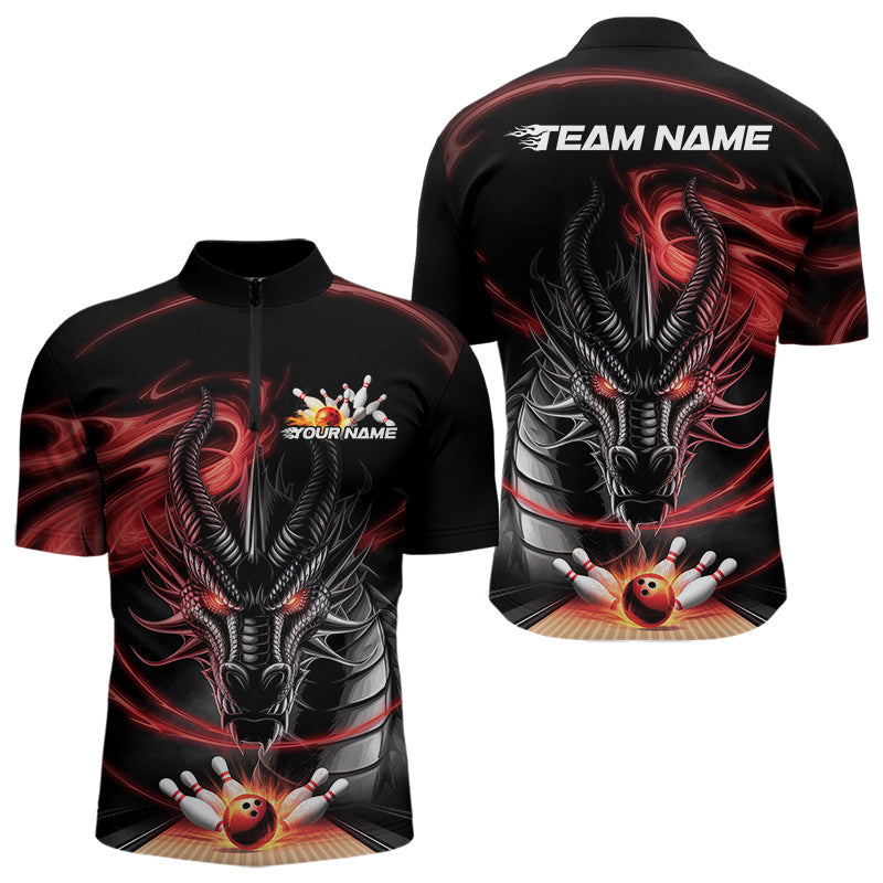 Custom Black And Red Flame Dragon Bowling Team Men Quarter-Zip Shirts, Bowling League Shirt IPHW8911