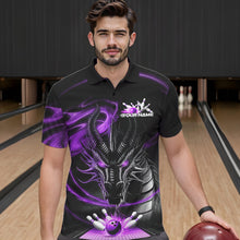 Load image into Gallery viewer, Custom Black And Purple Flame Dragon Bowling Team Men Polo Shirts, Bowling League Shirt IPHW8912