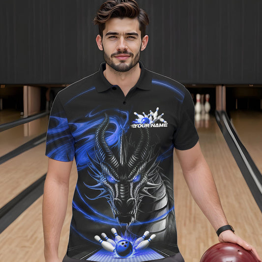 Custom Black And Blue Flame Dragon Bowling Team Men Polo Shirts, Bowling League Shirt IPHW8913